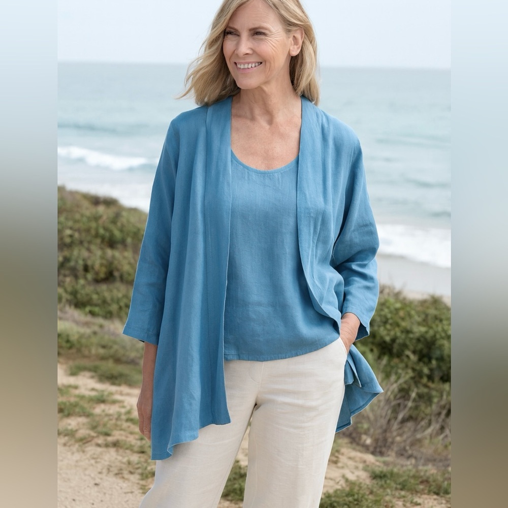 Mosaic 100% Linen Cardigan Sz L Blue Lightweight Jacket Beachy Coastal USA Made